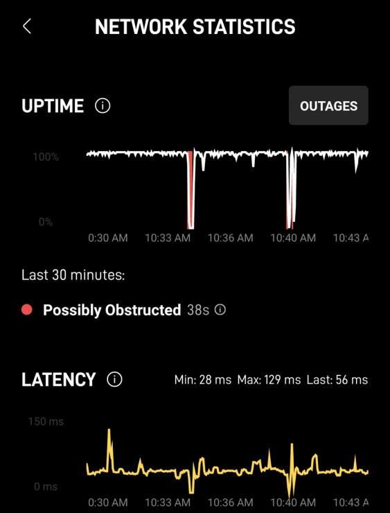 Screenshot from Starlink App showing latency over time