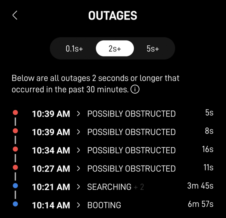 Screenshot from Starlink App showing outages over 2s and set up time with booting over 6 minutes and searching over 3 minutes